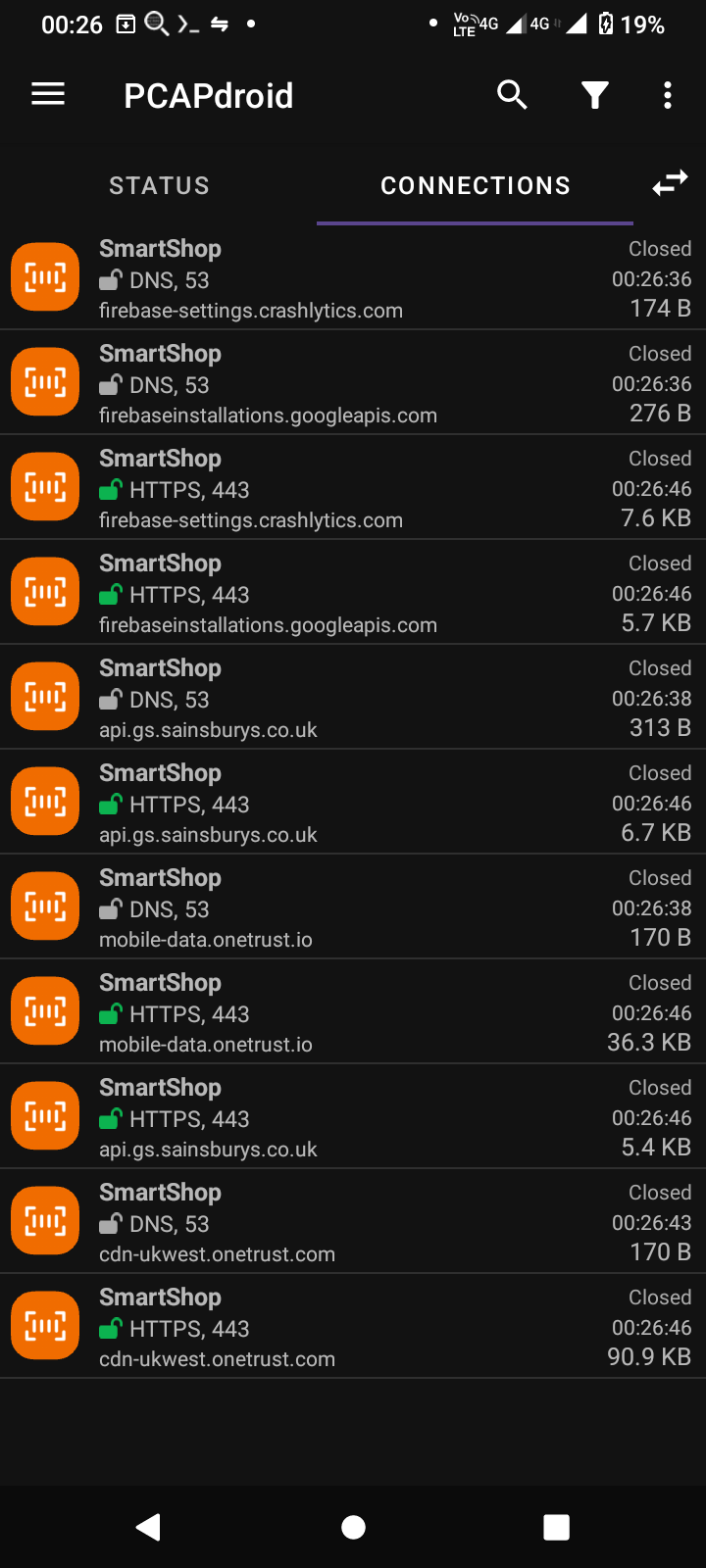 PCAPdroid, showing some traffic