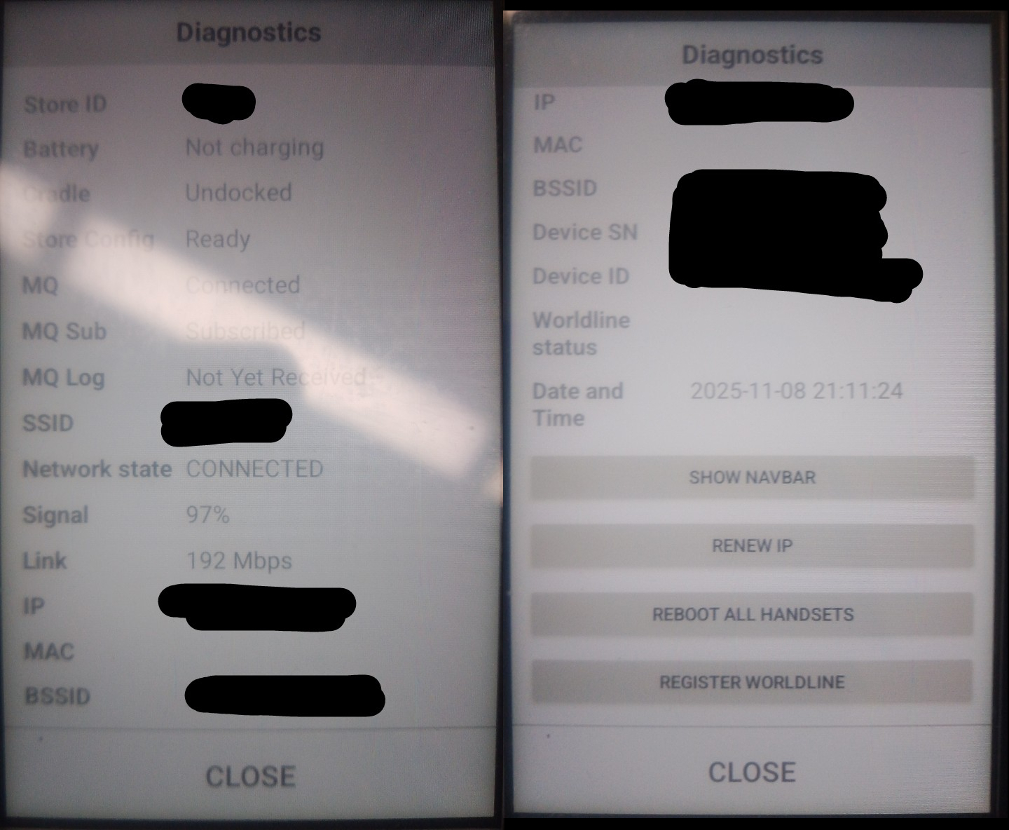 Old pictures of the SmartShop diagnostics page. They show MQTT status, Wi-Fi info, device info, etc.